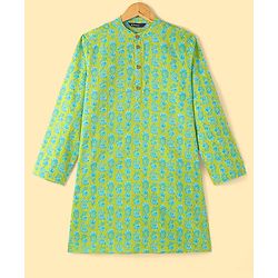 Pine Kids Cotton Full Sleeves Kurta & Pyjama Set With Floral Print - Lime Green