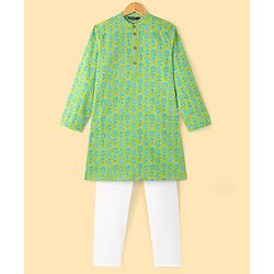 Pine Kids Cotton Full Sleeves Kurta & Pyjama Set With Floral Print - Lime Green