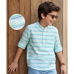 Pine Kids 100% Cotton Full Sleeves Front Half Placket Buttons Striped Shirt - Green