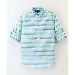 Pine Kids 100% Cotton Full Sleeves Front Half Placket Buttons Striped Shirt - Green