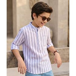 Pine Kids 100% Cotton Full Sleeves Front Half Placket Buttons Striped Shirt - White