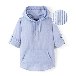 Pine Kids 100% Cotton Woven Full Sleeves Striped Hooded Shirt with Utility Pocket - Blue