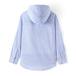 Pine Kids 100% Cotton Woven Full Sleeves Striped Hooded Shirt with Utility Pocket - Blue