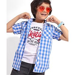 Pine Kids 100% Cotton Half Sleeves Check Shirt with Inner Tee - Blue