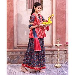 Pine Kids 100% Cotton Half Sleeves All Over Floral Printed Choli Lehenga Set with Shrug & Dupatta- Navy Blue