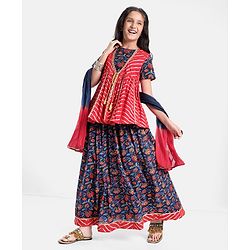 Pine Kids 100% Cotton Half Sleeves All Over Floral Printed Choli Lehenga Set with Shrug & Dupatta- Navy Blue