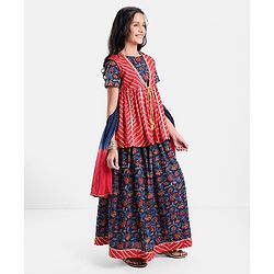 Pine Kids 100% Cotton Half Sleeves All Over Floral Printed Choli Lehenga Set with Shrug & Dupatta- Navy Blue