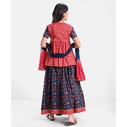Pine Kids 100% Cotton Half Sleeves All Over Floral Printed Choli Lehenga Set with Shrug & Dupatta- Navy Blue
