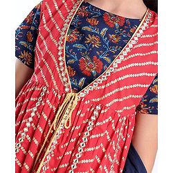 Pine Kids 100% Cotton Half Sleeves All Over Floral Printed Choli Lehenga Set with Shrug & Dupatta- Navy Blue