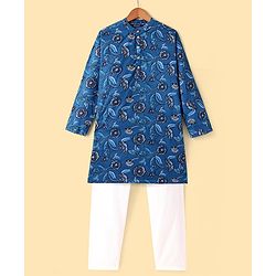 Pine Kids Cotton Full Sleeves All Over Printed Kurta Pyjama Set- Navy Blue