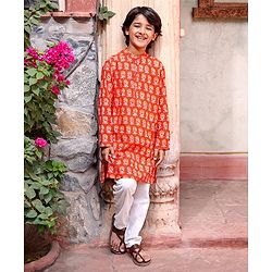 Pine Kids 100% Cotton Full Sleeves Kurta Pyjama With Floral Print - Rust