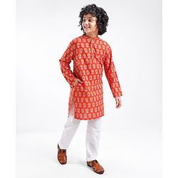Pine Kids 100% Cotton Full Sleeves Kurta Pyjama With Floral Print - Rust