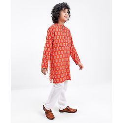 Pine Kids 100% Cotton Full Sleeves Kurta Pyjama With Floral Print - Rust
