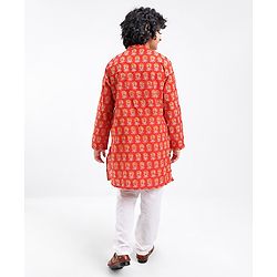 Pine Kids 100% Cotton Full Sleeves Kurta Pyjama With Floral Print - Rust