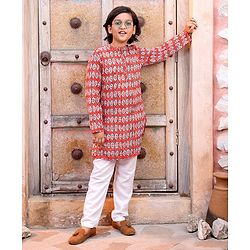 Pine Kids Cotton Full Sleeves Floral Printed Kurta & Pajama Set- Red