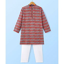 Pine Kids Cotton Full Sleeves Floral Printed Kurta & Pajama Set- Red