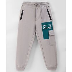 Pine Kids 100% Cotton Knit Full Length Track Pant with Cargo Pockets Text Print - Oyester Mushroom