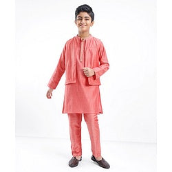 Pine Kids Full Sleeves Solid Kurta Pyjama Set with Printed Bandi- Peach