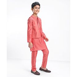 Pine Kids Full Sleeves Solid Kurta Pyjama Set with Printed Bandi- Peach