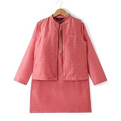 Pine Kids Full Sleeves Solid Kurta Pyjama Set with Printed Bandi- Peach