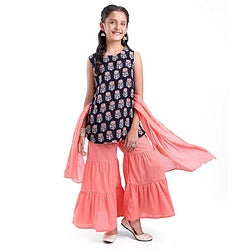 Pine Kids Sleeveless  Kurti & Sharara with Dupatta Set Block Print - Blue