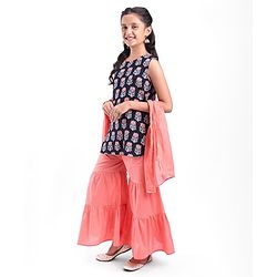 Pine Kids Sleeveless  Kurti & Sharara with Dupatta Set Block Print - Blue