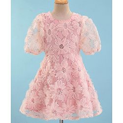 Pine Kids Half Sleeves Embroidered Knee Length Party Wear Dress with Sequins - Light Pink