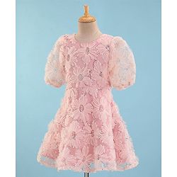 Pine Kids Half Sleeves Embroidered Knee Length Party Wear Dress with Sequins - Light Pink
