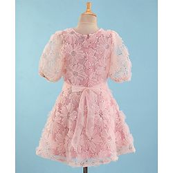 Pine Kids Half Sleeves Embroidered Knee Length Party Wear Dress with Sequins - Light Pink