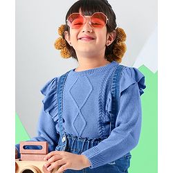 Pine Kids Full Sleeves Sweater With Cable Knit Ruffle Solid Colour - Blue