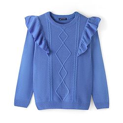 Pine Kids Full Sleeves Sweater With Cable Knit Ruffle Solid Colour - Blue