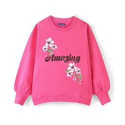 Pine Kids Full Sleeve Biowashed Sweatshirt Floral & Text Print - Pink