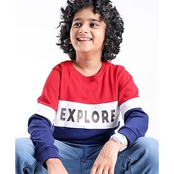 Pine Kids Cotton Knit Full Sleeves Biowashed Sweatshirt Explore Print - Red White & Blue