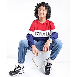 Pine Kids Cotton Knit Full Sleeves Biowashed Sweatshirt Explore Print - Red White & Blue