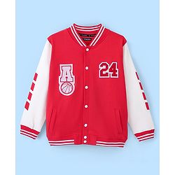 Pine Kids Cotton Knit Full Sleeves Bomber Jacket with Applique - High Risk Red