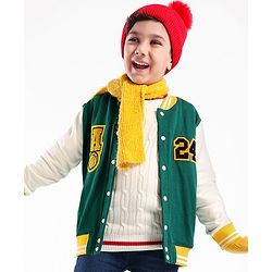 Pine Kids Cotton Knit Full Sleeves Text Applique Bomber Jacket - Green & White