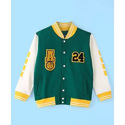 Pine Kids Cotton Knit Full Sleeves Text Applique Bomber Jacket - Green & White