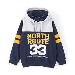 Pine Kids Cotton Full Sleeves Hooded Biowashed Sweatshirt Text Print- Navy Blue