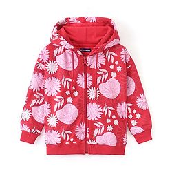 Pine Kids Full Sleeves Hooded Front Open Biowashed Sweatjacket Floral Print - Red