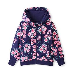 Pine Kids Full Sleeves Hooded Front Open Biowashed Sweatjacket Floral Print - Navy