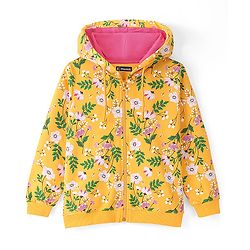 Pine Kids 100% Cotton Knit Full Sleeves Front Open Hooded Biowashed Sweatshirt Floral Print - Yellow