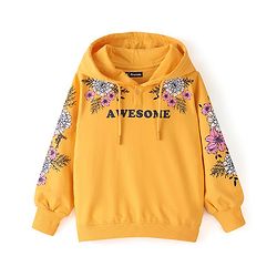 Pine Kids 100% Cotton Knit Full Sleeve Bio Washed Floral Printed Hooded Sweatshirt - Yellow