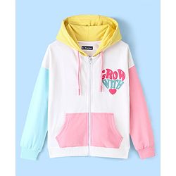 Pine Kids Cotton Knit Full Sleeves Front Open Hooded Biowashed Sweatshirt with Text Print - Blue Pink & Yellow