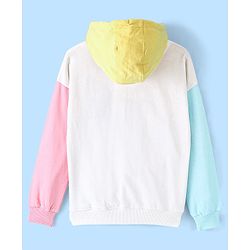 Pine Kids Cotton Knit Full Sleeves Front Open Hooded Biowashed Sweatshirt with Text Print - Blue Pink & Yellow