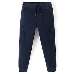 Pine Kids Cotton Elastane Full Length Solid Stretchable Track Pant with Draw Cord - Navy Blue