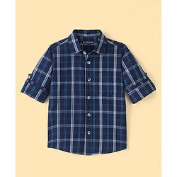 Pine Kids 100% Cotton Roll Up Full  Sleeves Check Shirt With Chest Printed Tee- Navy Blue