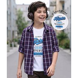 Pine Kids 100% Cotton Roll Up Full Sleeves Checkered Shirt with Inner Tee - Blue