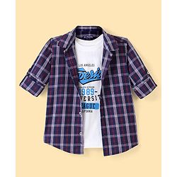 Pine Kids 100% Cotton Roll Up Full Sleeves Checkered Shirt with Inner Tee - Blue