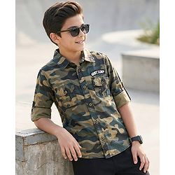 Pine Kids Roll Up Full Sleeves Camo Printed Shirt - Green