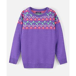 Pine Kids Full Sleeves Fine Knit Floral Sweater - Purple